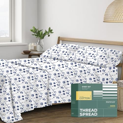 THREAD SPREAD 100% Organic Cotton Sheets Twin XL Size - Organic Cotton Percale Weave Sheet Set (3 PC, Floral Blue), Soft, Cooling, Crisp & Breathable, 16" Deep Pocket Hotel Quality Bedding Set
