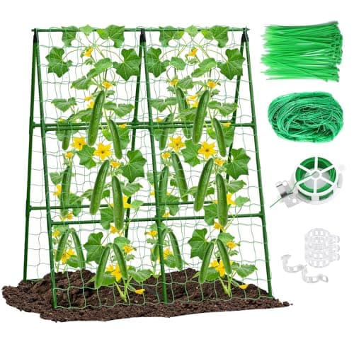 2-Pack A-Frame Cucumber Trellis for Raised Bed - 33"x47" Foldable Garden Trellis with Net & Clips|Space-Saving Metal Plant Support for Cucumber, Tomato, Peas|Rust-Proof Outdoor Climbing Plants Trellis - Image 1