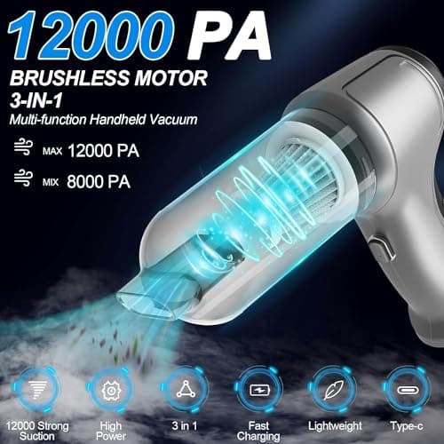 HFLYJPYW Mini Handheld Vacuum Cleaner Cordless - Car Vacuum Portable Rechargeable with High Power Brushless Motor 12000 PA Strong Suction 3 in 1 Mini Hand Vacuum (Grey) - Thumbnail 2