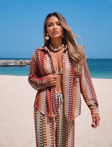 ZAFUL Womens Beach Cover Up Summer Lightweight Cardigans Crochet Boho Swimsuit Cover Up Long Sleeve Cardigans Beach Wear Red M - Thumbnail 3
