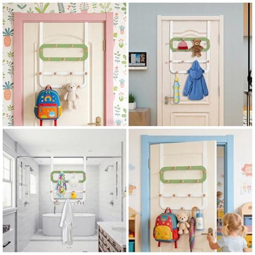 Dycoony Over The Door Hooks for Kids Backpacks - 21.5" Extra Long Door Hanger Low Reach, 14 Wooden Ball Coat Rack for Nursery Bedroom Bathroom, White & Green Purse Bag Towel Holder Organizer - Thumbnail 6