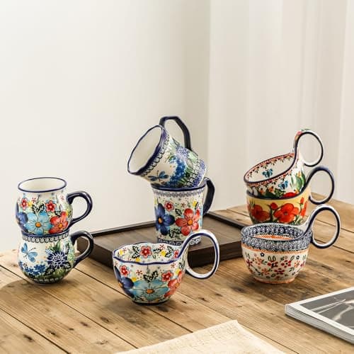 18oz Large Soup Bowl with Loop Handle, Ceramic Handpainted Decorative Mug Cup with Handle, Bowl for Soup Cereal Fruits Chili Stew Ice Cream, Dishwasher Microwave Safe Housewarming Gift for Mom - Thumbnail 4