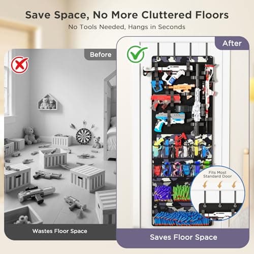 Over the Door Organizer for Toy Guns, Hanging Toy Guns Storage Organizer with Pockets and Slots for Kids Foam Blasters, Darts, Goggles, Toys Storage Door Hanger for Kids Rooms, Game Rooms, Camouflage - Thumbnail 6