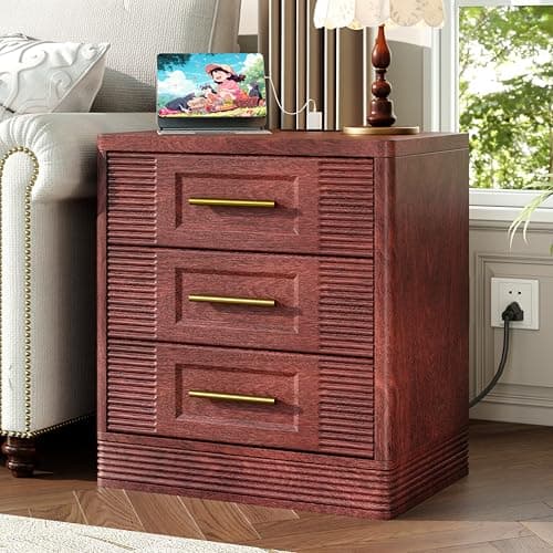 RECHHX 3 Drawer Dresser for Bedroom, 25.6" Tall Nightstand with Charging Station, Farmhouse 23.6" Wide End Table, Thermoformed Curved Small Chest of Drawers for Bedroom, Living Room, Cherry - Thumbnail 4