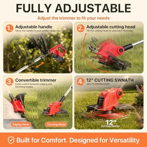 21V Cordless Weed Wacker with 2x2.5Ah Battery Powered, Electric Weed Eater with 12 Inch Grass Cutter & Auto Line Feed System, 2-in-1 String Trimmer & Lawn Edger for Garden Edge Lawn Tool - Thumbnail 4