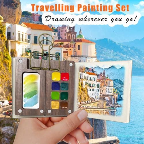 orbixa Mini Watercolor Palette Paint Set Travel Size - 12 Color Paint with 8-Wooden Grid Palette,Mini Sketchbook & Brushes | Portable Artist Supplies Kit for Students, Beginners, Outdoors Use (gray) - Thumbnail 6