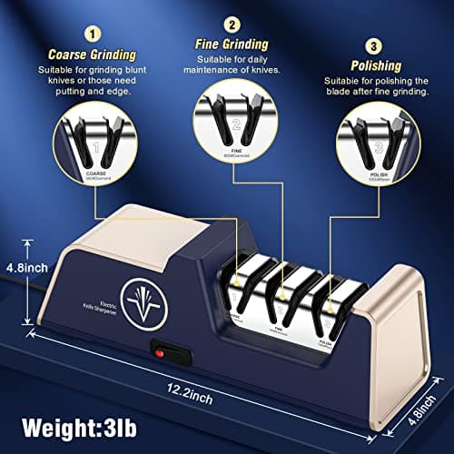 VIDOME Professional Electric Knife Sharpener with 100% Diamond Abrasives and Precision Angle Guides for Kitchen Straight Edge&Ceramic Knife Work Sharp, 3-stage Champagne Gold, afilador de cuchillos - Thumbnail 4