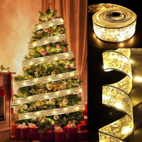 YUNGSUN Gold Christmas Tree Decorations Ribbon Lights, 64ft 200 LED String Lights, Battery-Powered Copper Wire Ribbon Lights for Holiday Party Weddings Indoor Christmas Tree Decorations - Image 1
