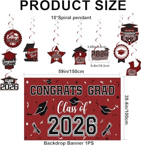 2026 Graduation Decorations Set- Class of 2026 Grad Party Decorations, Congrats Grad Banner, Backdrop, Grad Hanging Swirl, Balloons and Honeycomb Table Toppers, Graduation Party Supplies(Maroon) - Thumbnail 3
