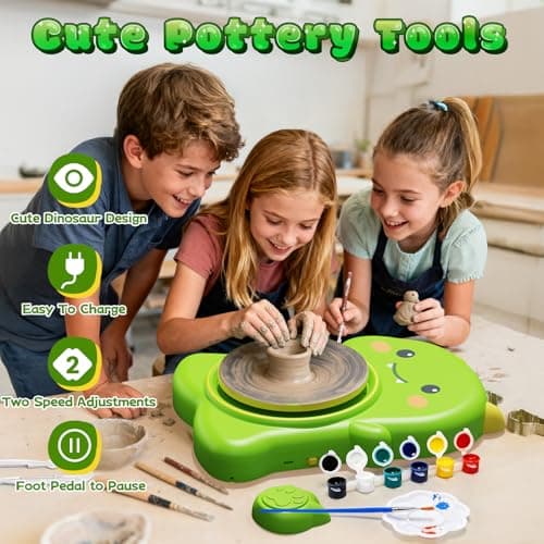 Skirfy Mini Pottery Wheel Kit for Beginners Kids,Electric Ceramic Wheel with Foot Pedal&Painting Kit, Adjustable Speed,Clay Spinner DIY Tools for Art Craft Birthday (Green Dinosaur) - Thumbnail 6