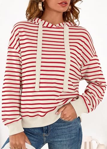 KIRUNDO Womens Striped Hoodies Sweatshirt 2026 Fall Long Sleeve Color Block Drawstring Casual Loose Pullover Top Y2K Clothes(Stripe Red Beige, X-Large) - Thumbnail 5