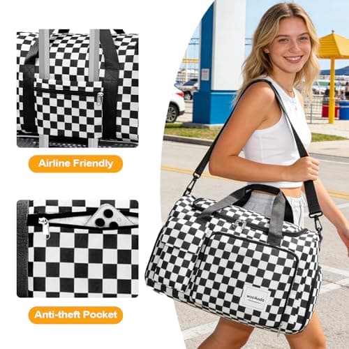 WOOMADA Foldable Travel Duffel Bag for Women, Weekender Bags with Shoes Compartment,Overnight Bag with Wet Pocket & Trolley Sleeve(black&white checkboard) - Thumbnail 6