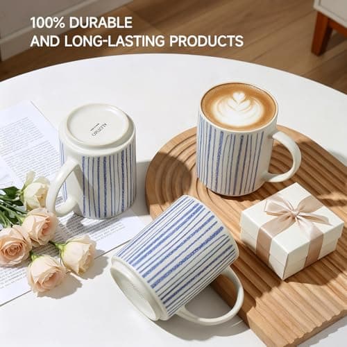 ALOFMO Ceramic Mugs Set of 6, Modern 17oz Coffee Mugs, Stackable Coffee Cups with Handpainted Blue Stripe Pattern, Dishwasher and Microwave Safe Mugs for Home & Office - Thumbnail 5
