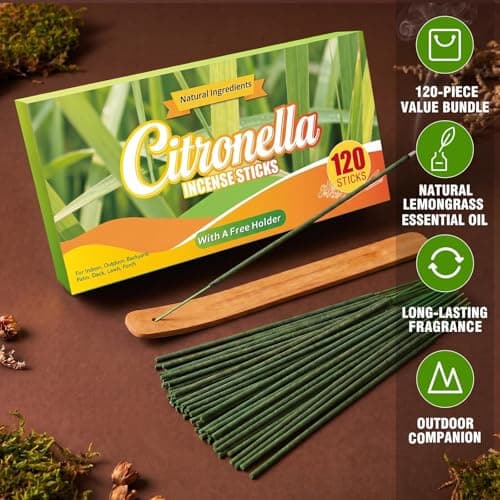 FIRIK Citronella Incense Sticks Outdoor, 120 PCS Citronella Incense with Wooden Holder, Lemongrass Incense Sticks for Indoor Patio Camping Pool Side Porches Courtyards Lawn Farms - Thumbnail 4