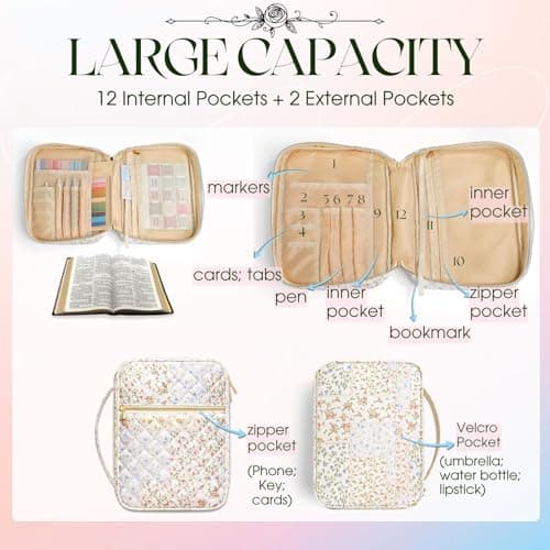 Large Quilted Bible Cover Case: Christian Birthday Gifts for Women Girls Mom Her Wife Floral Bible Bag with Multi Pockets 26Pcs Study Supplies Journaling Kit, Durable Book Carrying Cases Summer Gift - Thumbnail 5