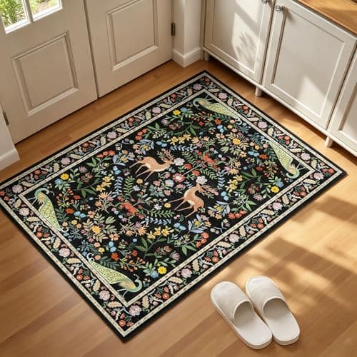Small Vibrant Black Entryway Rug 2x3 - Front Door Rug Indoor Entrance, Small Carpet for Kitchen Floor, Bathroom, Powder Room, Washable Low Pile Non Slip, Floral Print Home Décor - Thumbnail 3