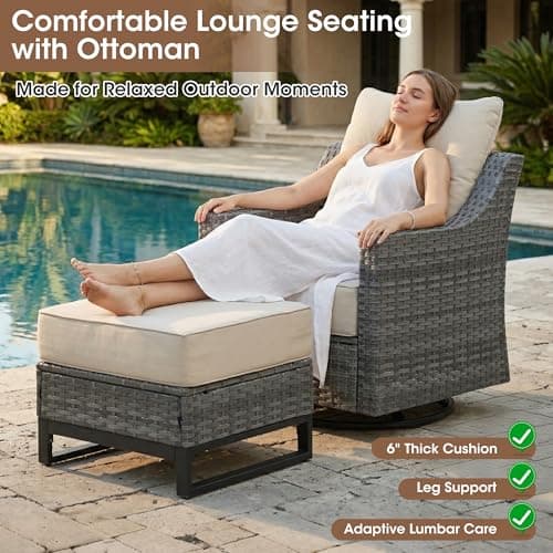 Domvaranique 6 Piece Patio Furniture Set with Fire Pit, Grey Wicker Outdoor Conversation Set with 2 Swivel Rocker Chairs, Sofa, 2 Ottomans and Rectangular 60,000 BTU Fire Pit Table for Porch, Deck - Thumbnail 6