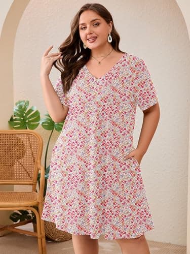 AusLook Plus Size Midi Dress for Women Pink Clustered Blooms 2X Short Sleeve Loose V Neck Summer Casual A Line Knee Length Work Outfit T Shirt 2026 Sundresses with Pockets - Thumbnail 2