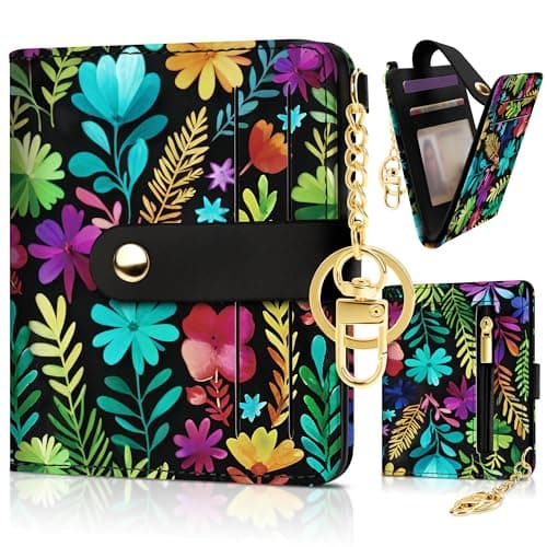 Sodsay Small Slim Wallet Women RFID Blocking, PU Leather Bifold Ladies Wallet with Zipper Coin Pocket, Thin Cute Travel Card Wallets for Girls, Black Garden - Image 1