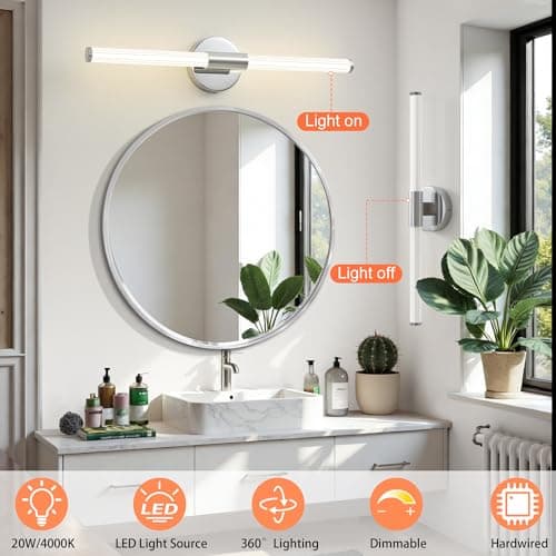 Gednbo Bathroom Vanity Lights Chrome Dimmable LED 360° Full Lighting Bathroom Light Fixtures Over Mirror 23 inch Vanity Light Bar Hardwired Modern Wall Sconce 4000K Light for Bedroom Living Room - Thumbnail 4