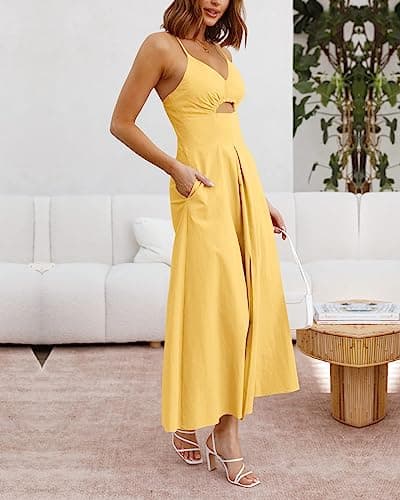 BTFBM Women 2026 Spaghetti Strap Midi Summer Dresses Sleeveless V Neck Cutout Slit Casual Beach Party Maxi Dress Pockets(Yellow, Large) - Thumbnail 2