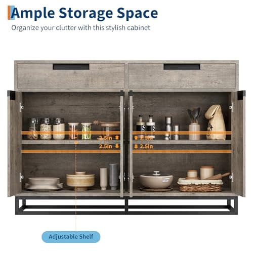 GarveeHome Sideboard Buffet Cabinet, 55-Inch Large Modern Kitchen Accent Storage Cabinet with 2 Drawers and 4 Doors, Coffee Bar Buffet Table for Kitchen and Dining Room, Grey - Thumbnail 5