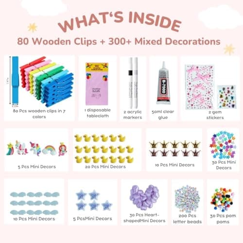 Cheer Pins Spirit Clip Kit 80 Colored Wooden Clothes Pins 200 Mini Charms Bows Gem Stickers 300 Letter Beads Pens and Disposable Tablecloth Cheer Pin Decor for Cheerleading Backpack Ribbon Gift Bulk - Thumbnail 2