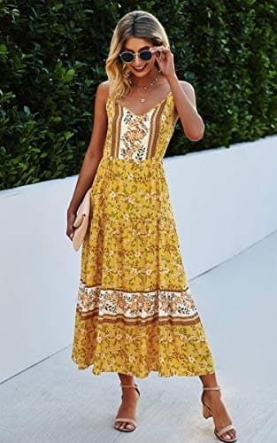 Angashion Women's Dresses Floral Adjustable Spaghetti Strap V Neck Boho Long Maxi Dress Summer Beach Flowy Ethnic Sundress 2141 Yellow X-Large - Thumbnail 5