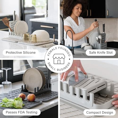 Dorai Home Collapsible Dish Drying Rack and Stone Dish Pad – Large Foldable Drying Rack with Instant - Dry Stone Mat –Space-Saving Drainer Rack for Kitchen Counter - 24.6" x 16.5", Slate - Thumbnail 4