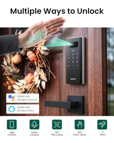 DESLOC Smart Lock K140 Plus with Palm Vein Recognition, Keyless Entry Door Lock with Keypad Deadbolt, App Control, Auto Lock Digital Door Lock for Front Door with Mechanical Key Backup, Black - Thumbnail 2