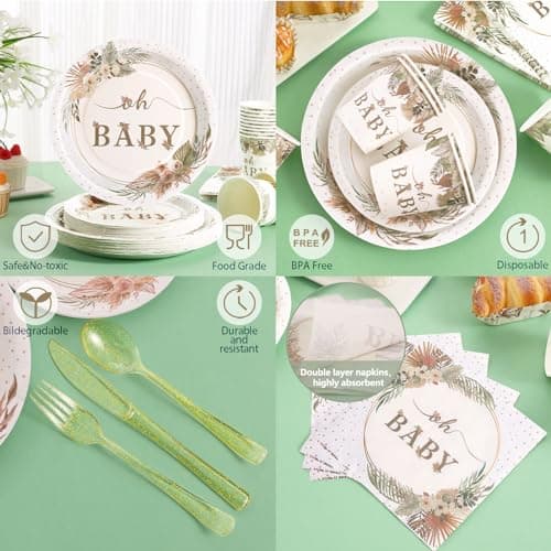Gudvilla 350 Pcs Boho Baby Shower Decorations for Girl, Baby Shower Plates and Cups and Napkins Sets, Oh Baby Plates for Western Sweet Baby Girl, Summer Fall Gender Neutral, Serves 50 - Thumbnail 5