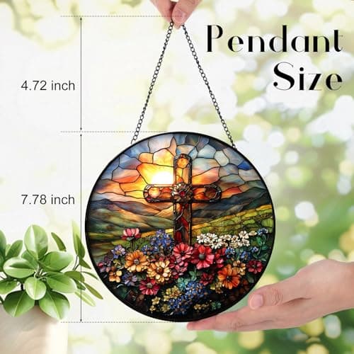 Zizzie Stained Glass Cross Suncatcher - 7.9" Real Glass Floral Mountain Sunrise Window Hanging, Weatherproof Christian Catholic Decor, Easter Memorial Sympathy Gift for Mom Women Pastor - Thumbnail 3