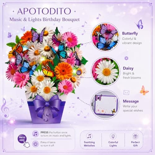 APOTODITO Mothers Day Card, Butterfly Cards with Music and Light, Flower Bouquet Card, Mothers Day Gifts for Mom, Women, Wife, Sister (daisy and butterfly) - Thumbnail 5