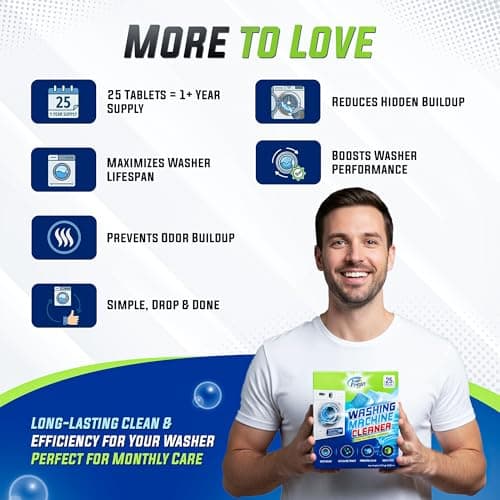 True Fresh Washing Machine Cleaner Tablets 25 Pack for Front Load, Top Load & HE Washers, Helps Remove Odor-Causing Residue, Limescale & Grime, Deep Cleans Drum, Pump, Valve & Hoses, Septic Safe - Thumbnail 6
