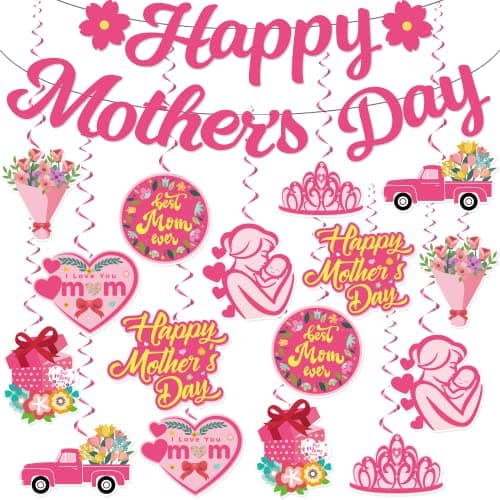 LARRAZABAL Mother's Day Decorations, Happy Mother's Day Banner and Hanging Swirls Decorations, Day Party Decorations Supplies Happy Mothers Day Decor