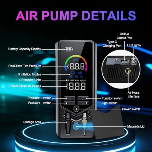Tire Inflator Portable Air Compressor, 7500mAh Cordless Air Pump for Car Tires, Bike Pump with Color Screen Digital Pressure Gauge, 4X Faster 150PSI Tire Pump for Cars, Motorcycles, Bicycles, Balls - Thumbnail 2