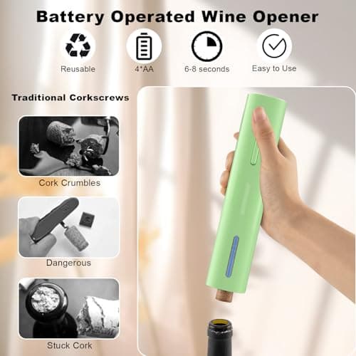 COKUNST Battery Wine Opener, Automatic Corkscrew with Foil Cutter Gift for Home Wedding Party Green - Thumbnail 5