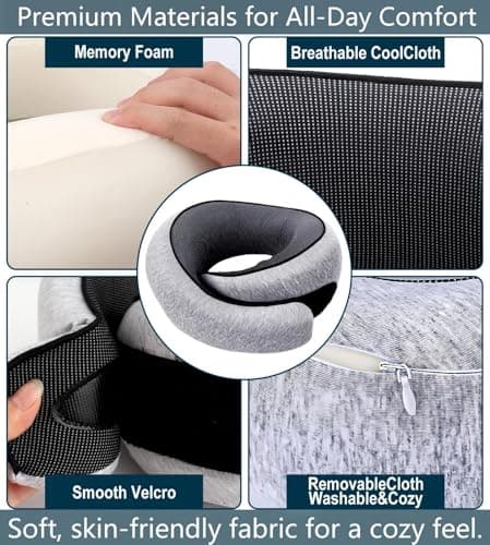 Travel Neck Pillow for Airplane, Memory Foam Neck Pillow with 360° Support, Adjustable Velcro, Breathable Washable Cover, Compact and Packable for Long Flights, Car, Train & Office,(Light Grey) - Thumbnail 6
