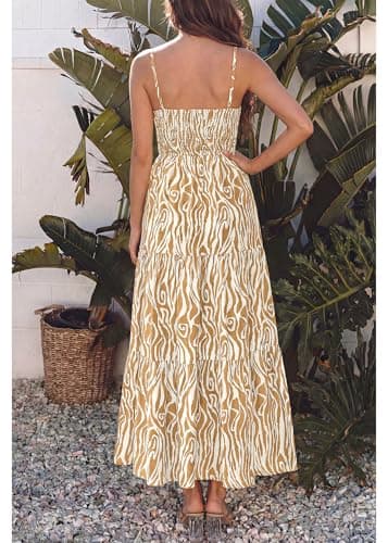 KIRUNDO Maxi Dresses for Women Summer Boho Floral Beach Vacation Sundress Spring Wedding Guest Dress Flowy Cruise Resort Wear(Khaki, Medium) - Thumbnail 5