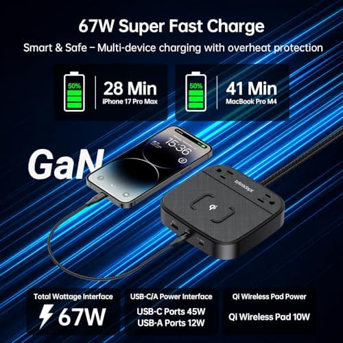 Teleadapt GaN Multi Charging Station 67W, 6-in-1 iPhone Charger Station with USB Ports, Wireless Charging, 2× AC Outlets, Desktop/Bedside/Nightstand Power Station, Hotel-Grade Design, Black - Thumbnail 3