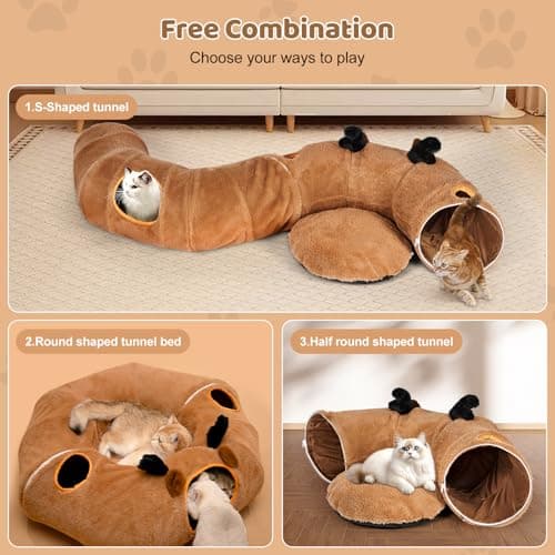 Cat Tunnel Bed with 20 Pcs Interactive Toys, 3-in-1 DIY Collapsible Plush Cat Tube with Washable Mat, Large Indoor Play Tunnel Cave for Kittens and Small Animals - Thumbnail 2