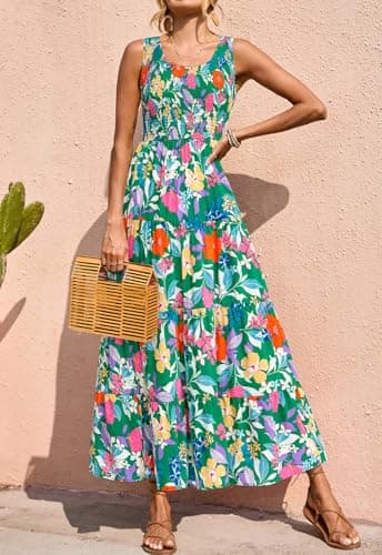 PRETTYGARDEN Sleeveless Smocked Dress Women Square Neck High Waist Floral Summer Wedding Guest Dresses for Women 2026 (Green Orange Flower, Small) - Thumbnail 2