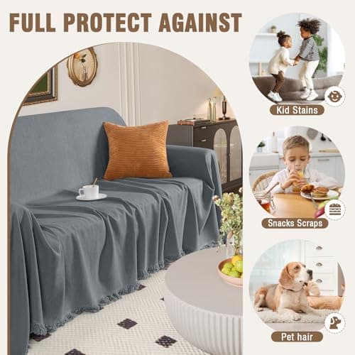 TAOCOCO Couch Covers for Pets Heavy Duty Couch Covers for 3 Cushion Couch Sectional Sofa Covers Durable Furniture Covers for Dogs, Kids, Washable Sofa Slipcovers with Tassels (91''x134'' Dark Grey) - Thumbnail 5