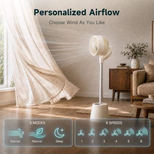 HZTzone Rechargeable Smart Pedestal Fan, 20dB Quiet 360° Oscillating Fan | DC Motor Wi-Fi App & Remote Control, 6 Speeds, 8-12Hrs Built-in Battery, Height Adjustable fan for Bedroom Patio Travel - Thumbnail 5