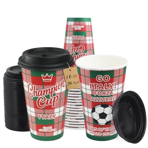 Sowinvent 16 oz Champion Cup A Salute To Italy, 4-Time World Soccer Champion, 24 Sets Disposable Paper Party Cups with Lids for Fan Event Decorations Game-Day Festival, FORZA AZZURRI 2030