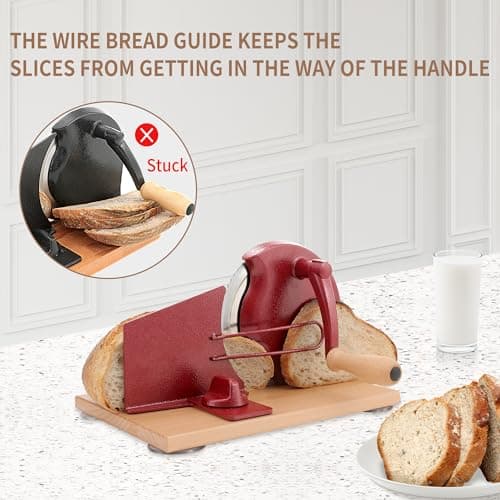 CAWIU Manual Bread Slicer with Hand Crank- Adjustable Thickness Bread Cutter for Even Slices, Perfect for Homemade Sourdough, Sandwich, and More, Red - Thumbnail 3