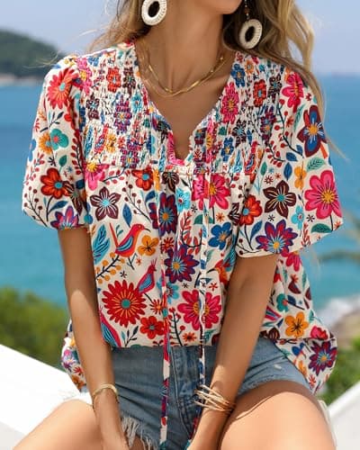 KIRUNDO Boho Tops for Women Summer 2026 Dressy Floral Blouse V Neck Drawstring Short Sleeve Shirts Beach Vacation Clothes(White Multicolored, X-Large) - Thumbnail 5