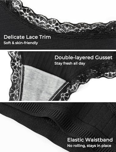 ANSUKOO 6-Pack Cotton Thongs for Women,Lace Underwear,Ladies Breathable Comfort Panties,Soft Laser Cut Undies,Gym Sport Tanga Black - Thumbnail 5