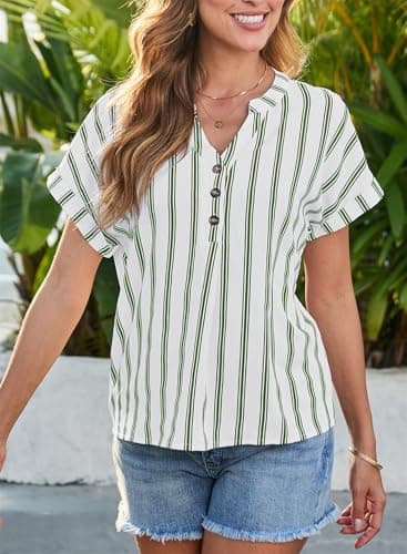 Dokotoo Womens Shirts Short Sleeve V Neck Button Tops for Women Trendy Lightweight Striped Color Block Business Casual Tops for Women 2026 Blouses Green Medium - Thumbnail 5