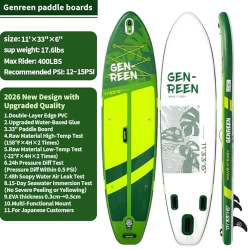 Genreen Inflatable Stand Up Paddle Board 11'33"6" 400LBS Capacity with 0.5cm EVA Deck, 3 Fins, Quality Inspection5 for Japanese Customers Ultra Stable Paddleboard (Monstera Lawn Green) - Thumbnail 2